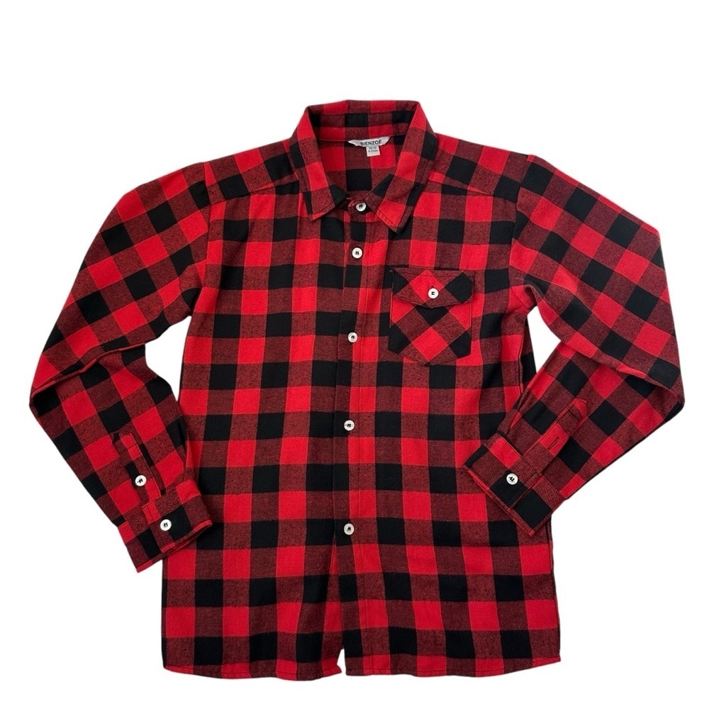 Bienzoe Boy's Buffalo Red and Black Plaid Flannel Button Down Shirt Size 11-12yr